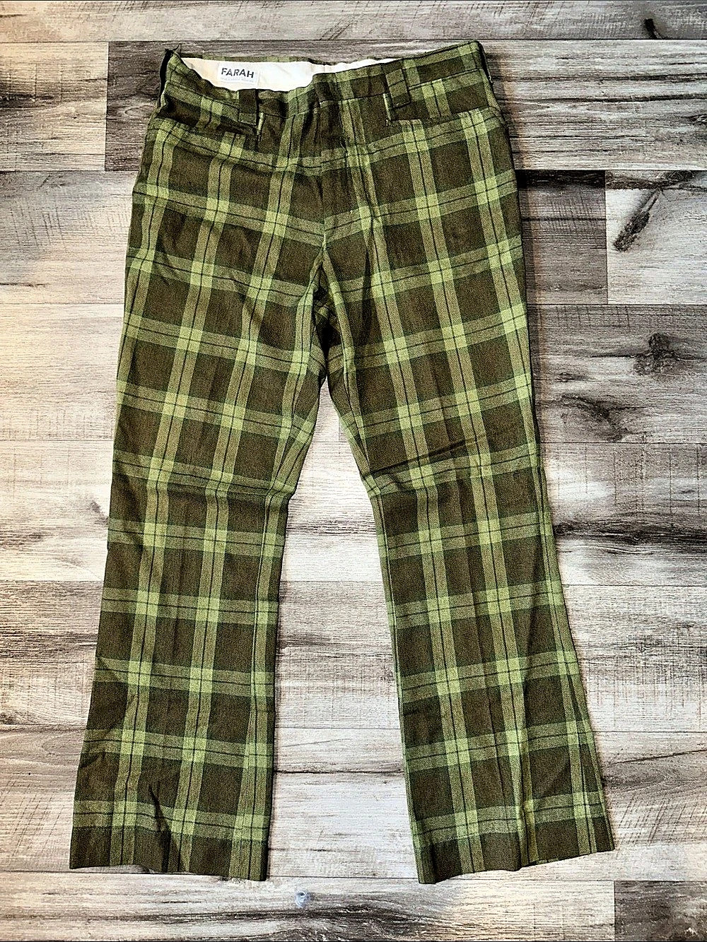 FARAH Plaid Flare Pants in Green & Brown